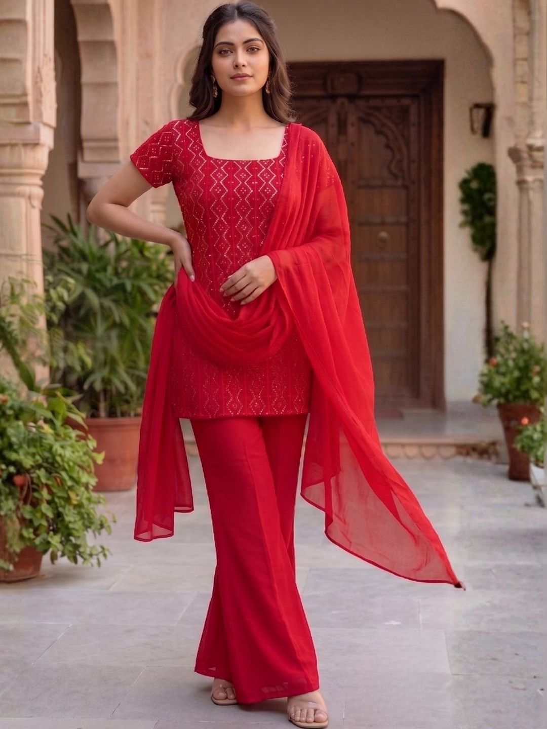 HERE&NOW Women Ethnic Motifs Regular Kurta with Palazzos & With Dupatta-picture-39