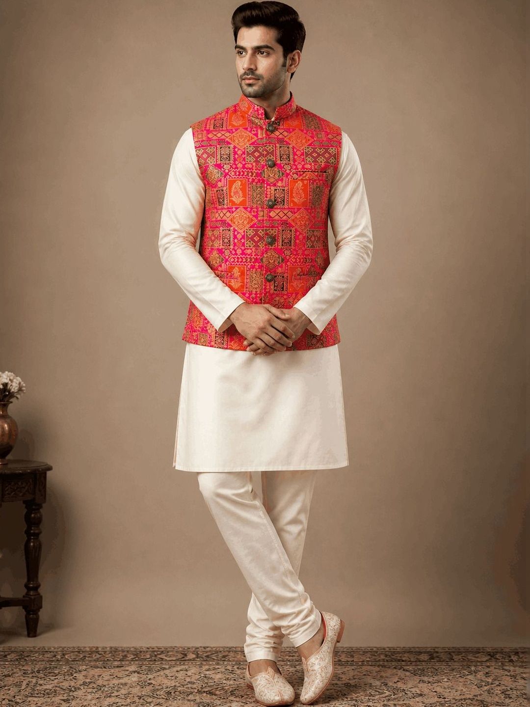 MODERN MUGHALS Woven Design Banarasi Silk Nehru Jacket-image-36