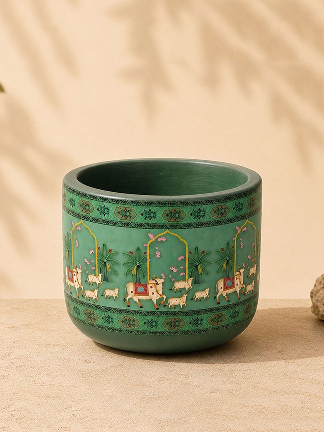 HABERE INDIA Black & Green Pichwai Cow Design Hand Painted Terracotta Planter-picture-25