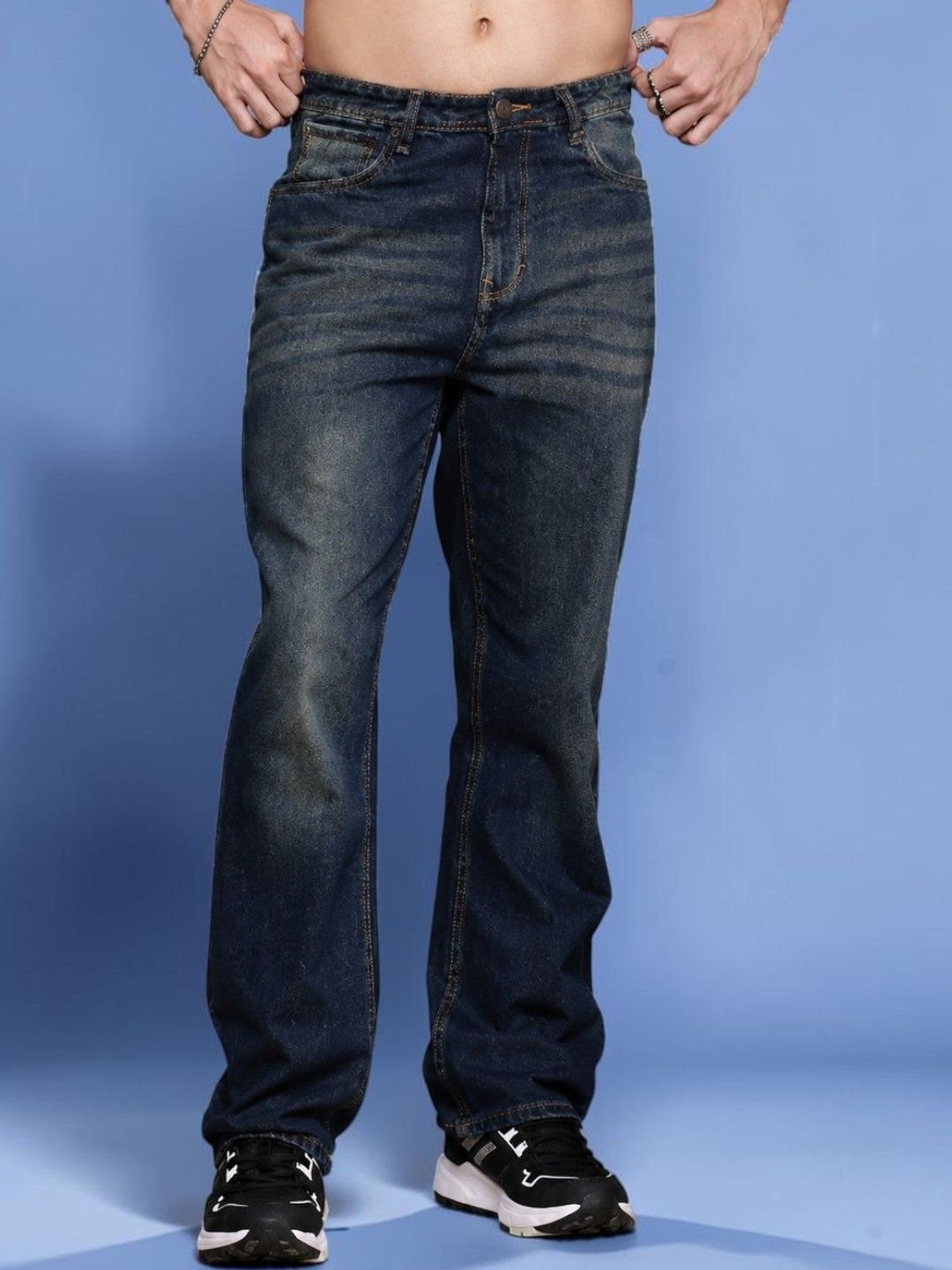 Mast & Harbour Men Jean Straight Fit Mid-Rise Low Distress Light Fade Stretchable Jeans