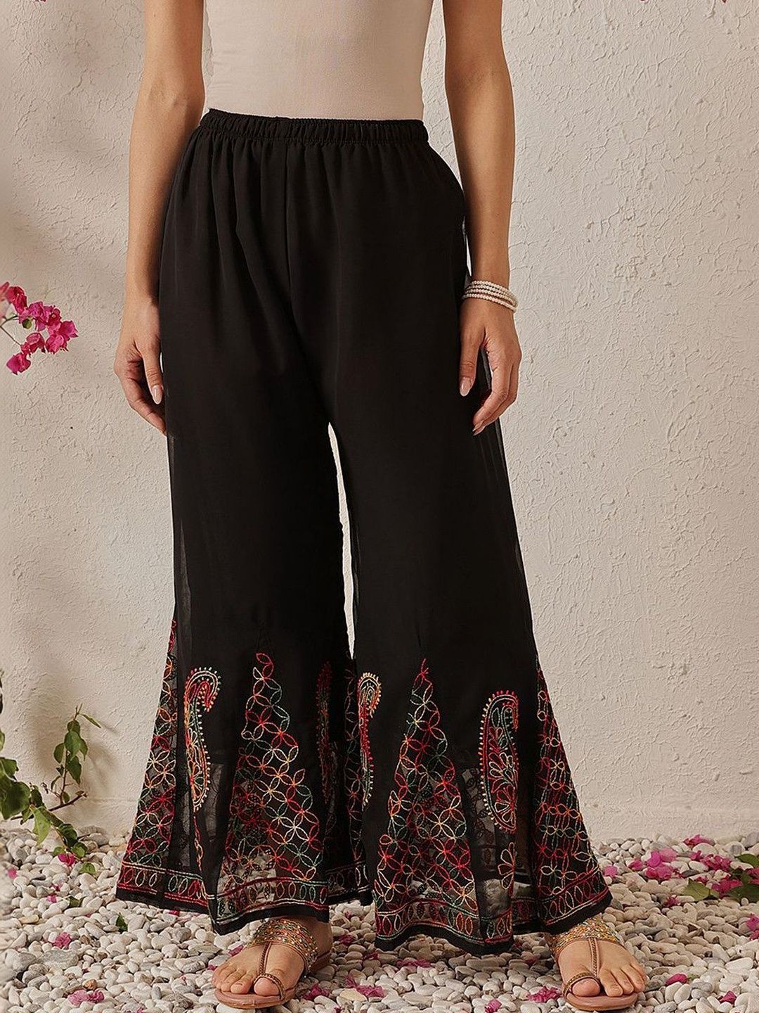 Classikari Women Ethnic Motifs Embroidered Flared Knitted Georgette Ethnic Palazzos-picture-31