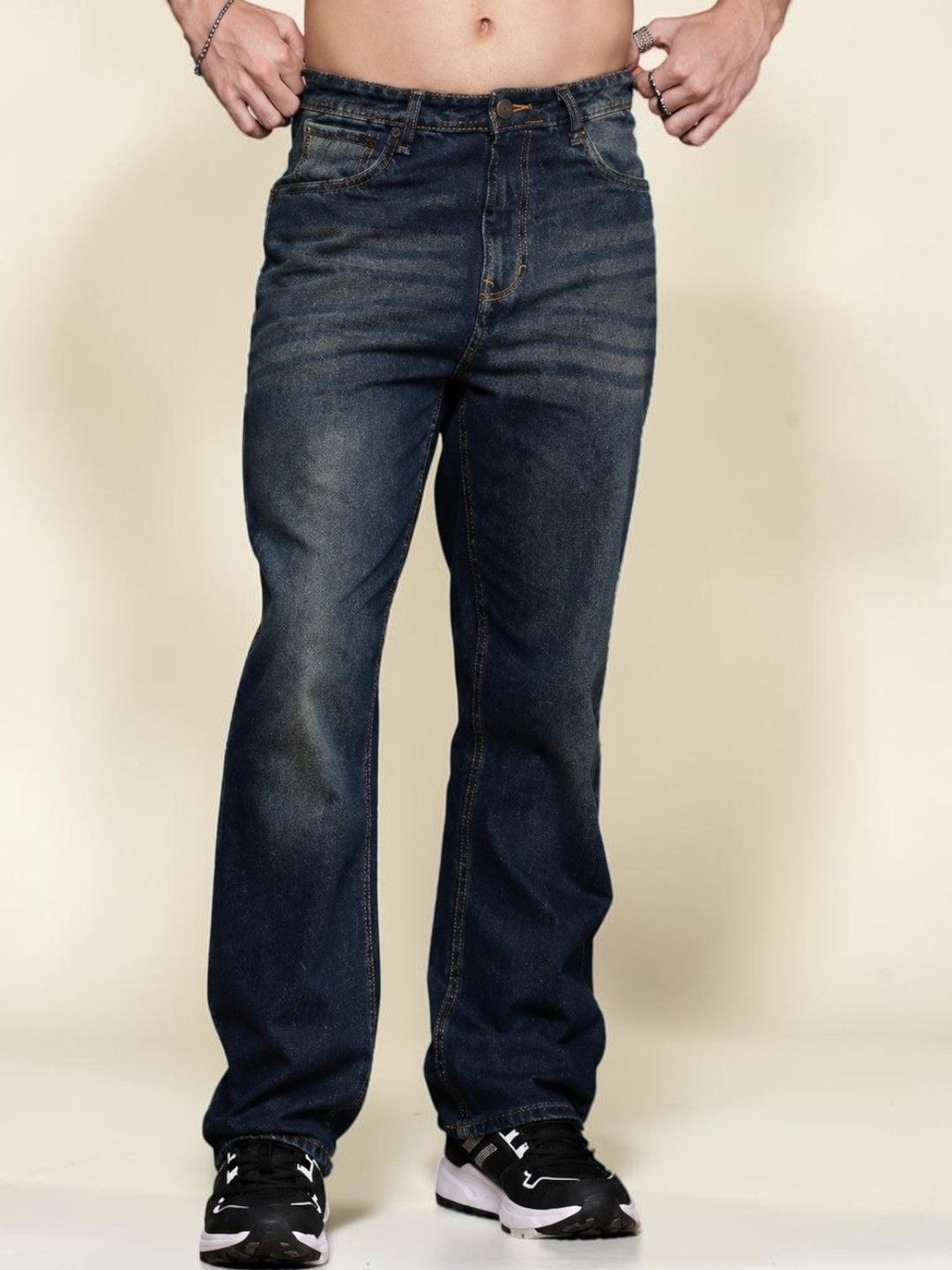 Mast & Harbour Men Jean Straight Fit Mid-Rise Low Distress Light Fade Stretchable Jeans