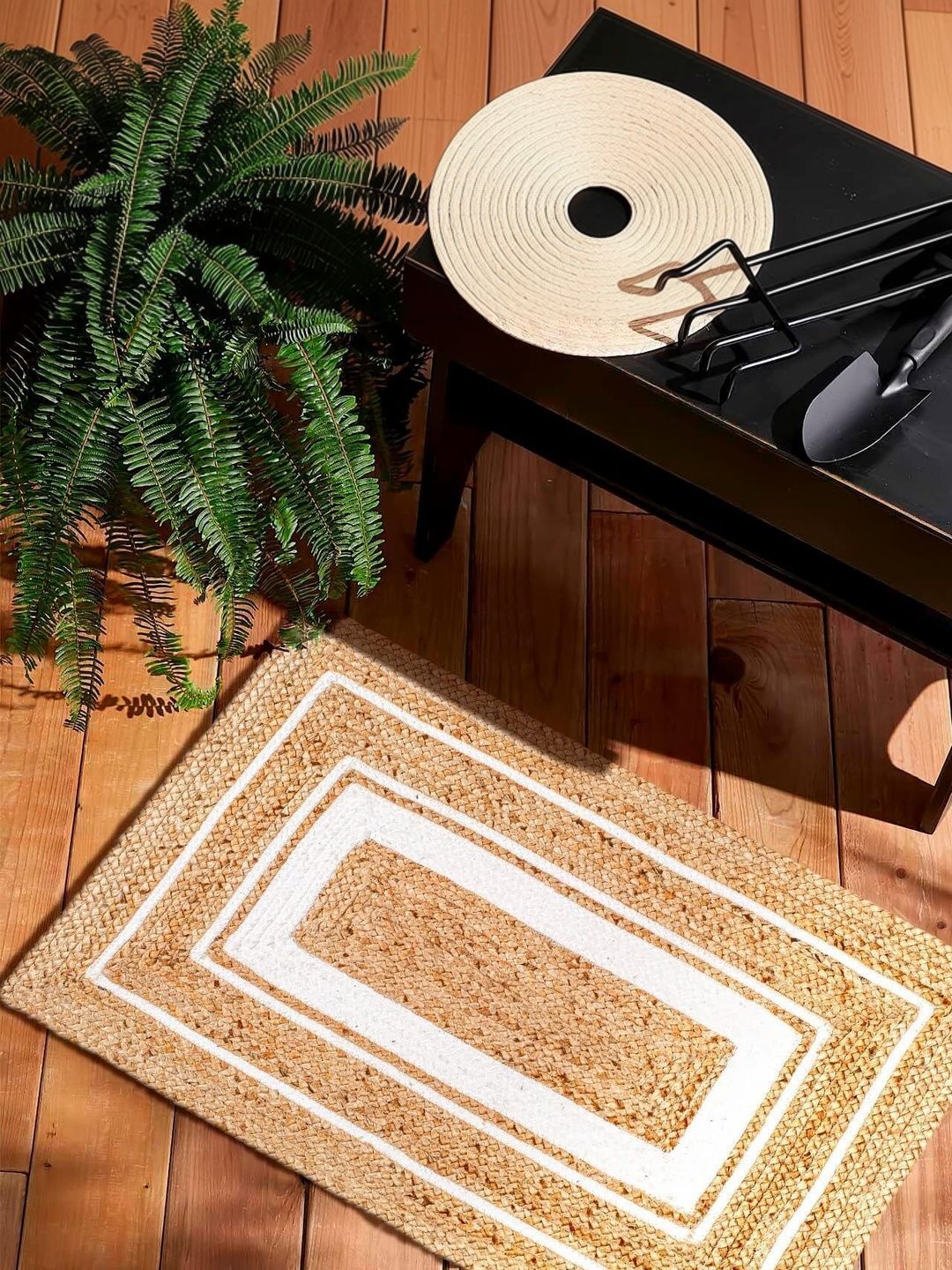Siya Textiles Beige & White Braided Anti Skid Rectangular Carpet-image-30