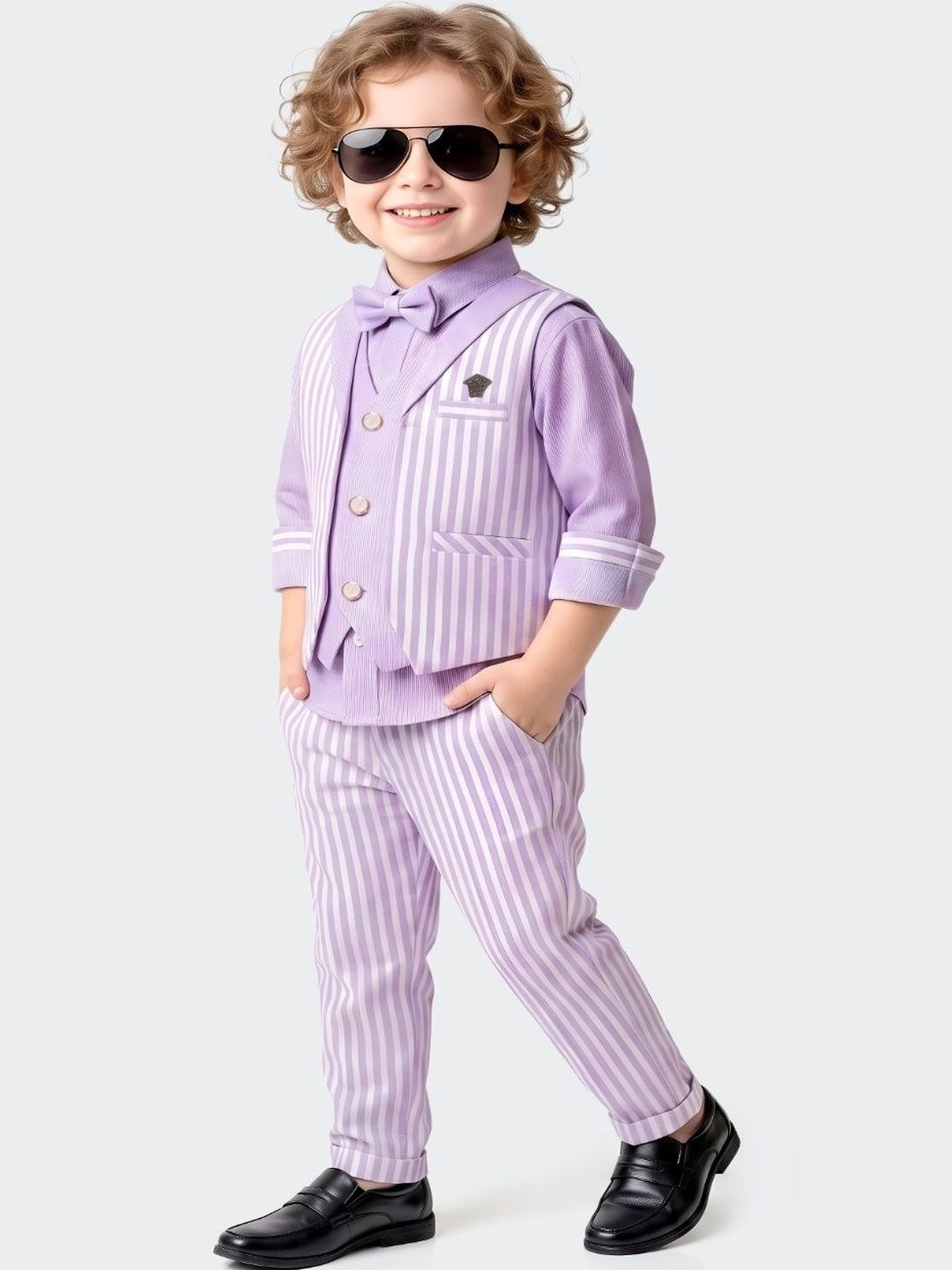Axiom Kids Wear Boys Striped Shawl Collar Single Breasted Four-Piece Suit-picture-32