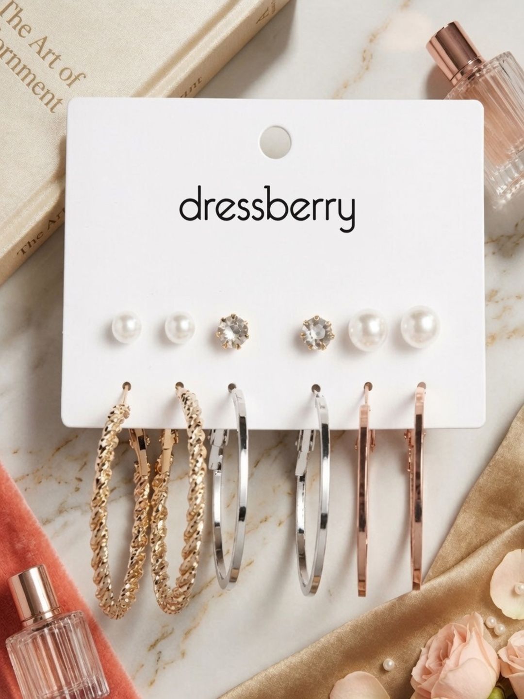 DressBerry Set Of 6 Silver Plated Pearls Beaded Circular Shaped Hoop Earrings-picture-23