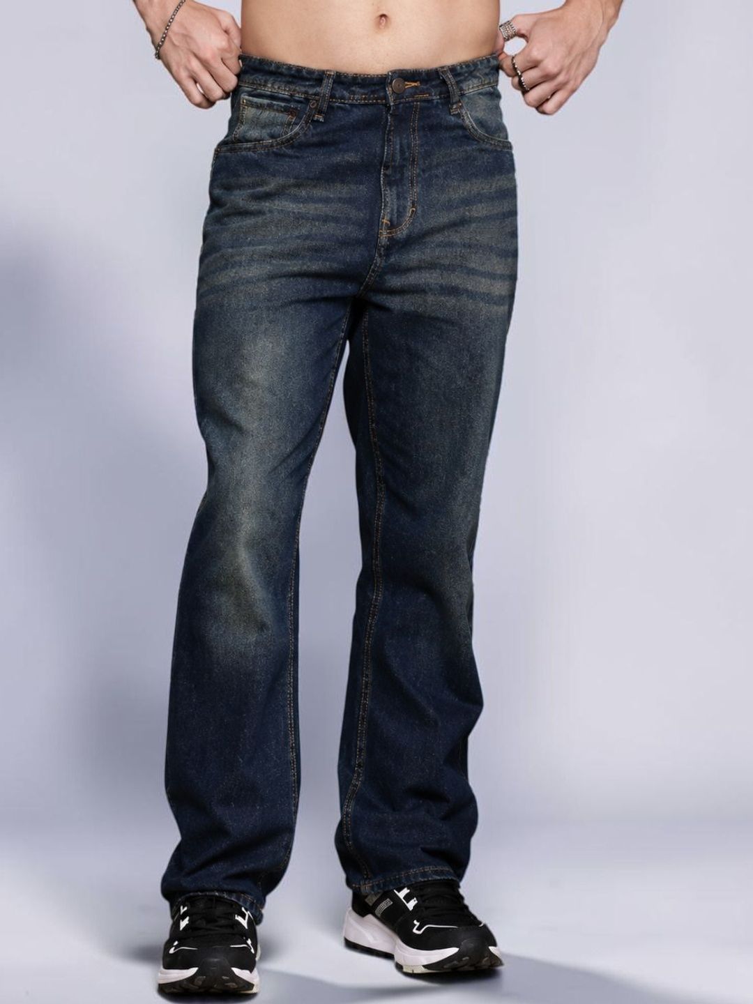 Mast & Harbour Men Jean Straight Fit Mid-Rise Low Distress Light Fade Stretchable Jeans
