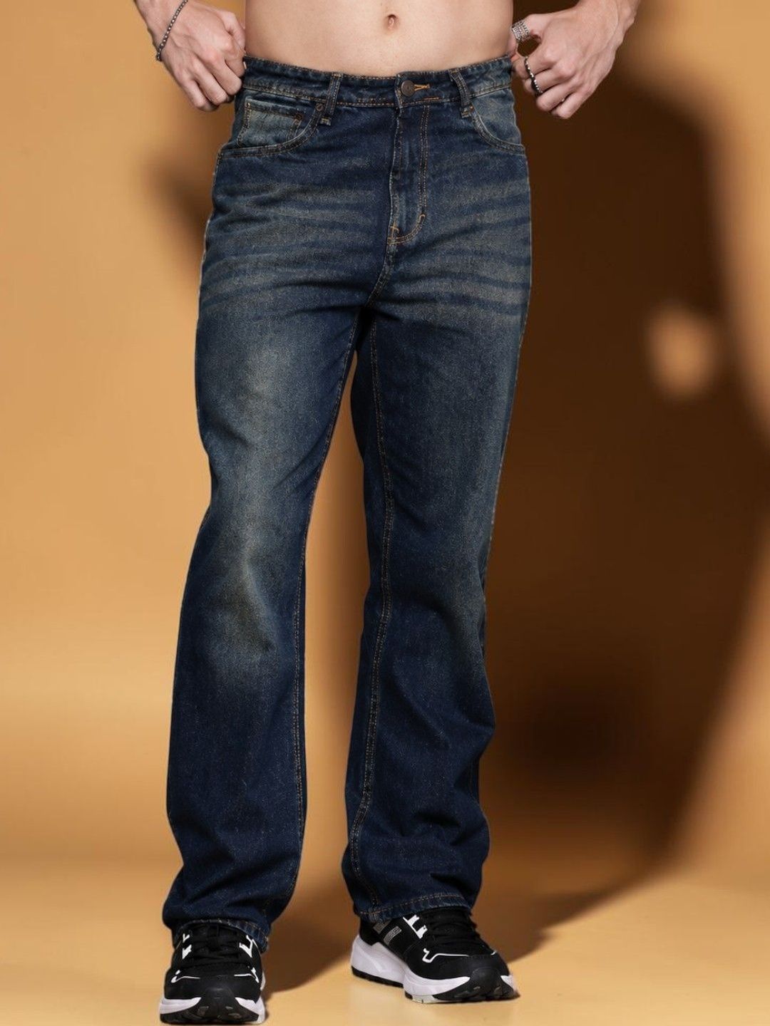 Mast & Harbour Men Jean Straight Fit Mid-Rise Low Distress Light Fade Stretchable Jeans