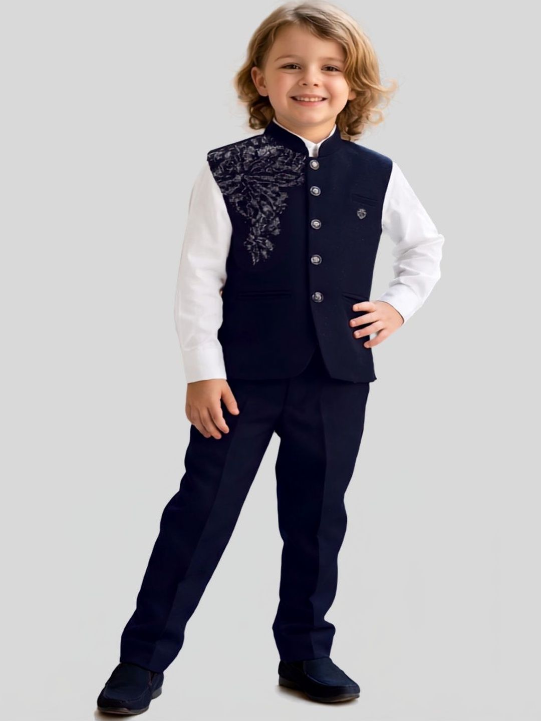 Axiom Kids Wear Boys Self Design Mandarin Collar Nek Single Breasted Three-Piece Suit-image-33