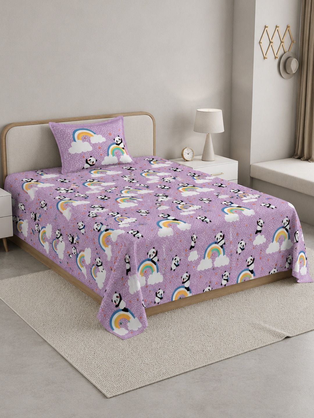 VAASINI Purple & White Cartoon Characters 210 TC Single Bedsheet with 1 Pillow Covers-picture-20