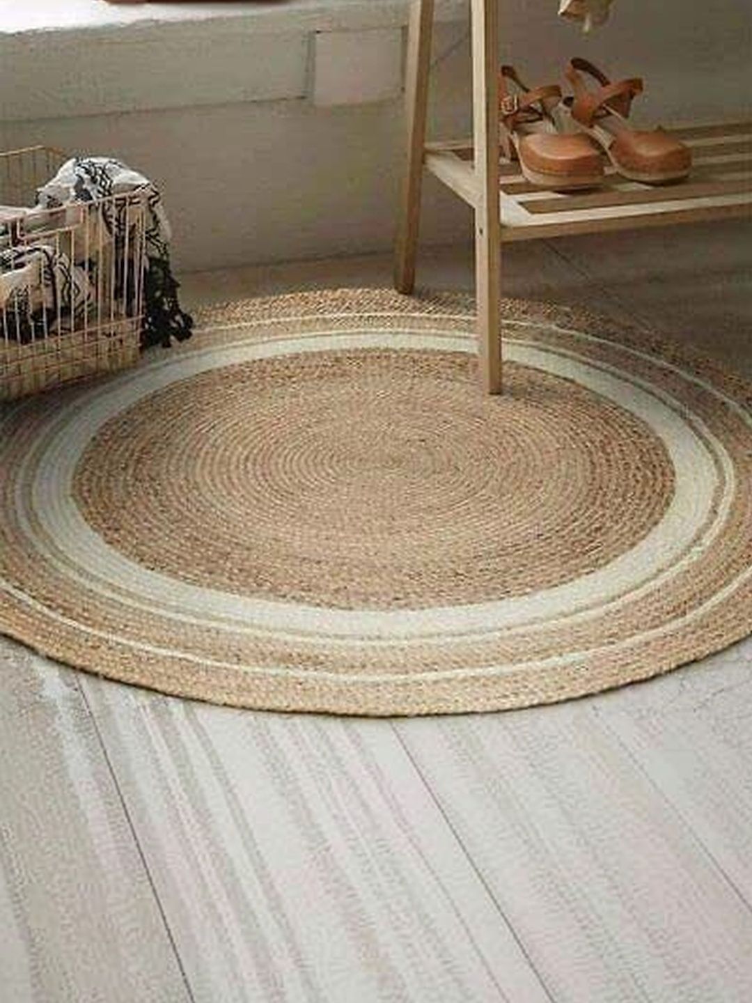 Siya Textiles Brown & White Textured Jute Round Anti-Skid Carpet-image-2