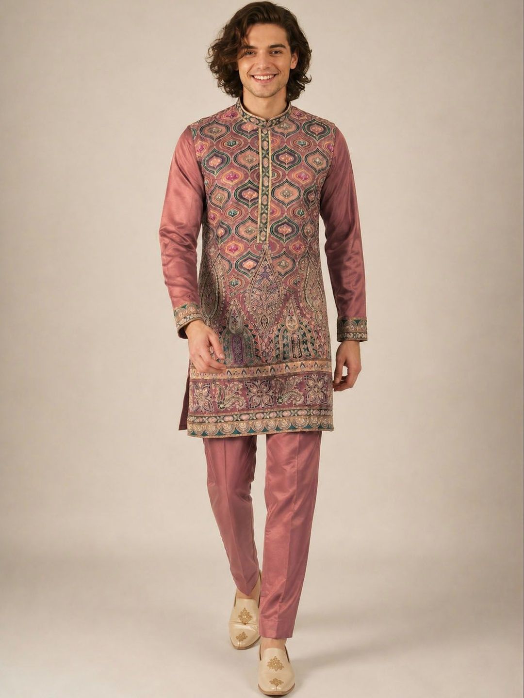 House of Pataudi Men Ethnic Motifs Embroidered Regular Sequinned Kurta with Trousers-picture-12