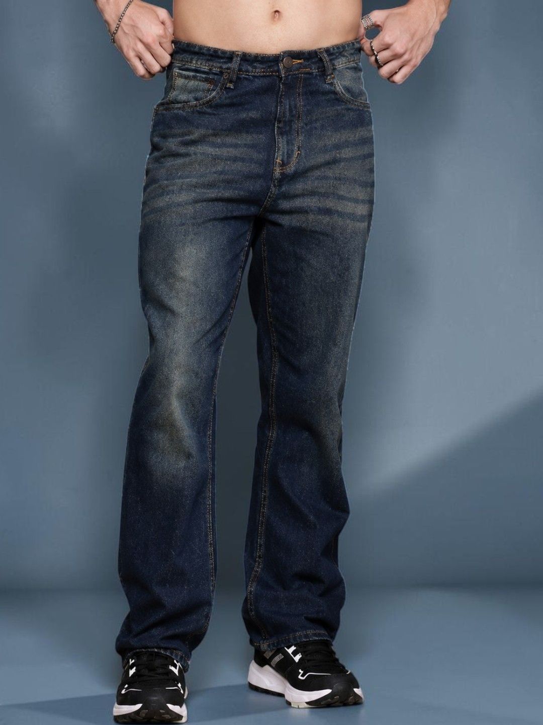 Mast & Harbour Men Jean Straight Fit Mid-Rise Low Distress Light Fade Stretchable Jeans