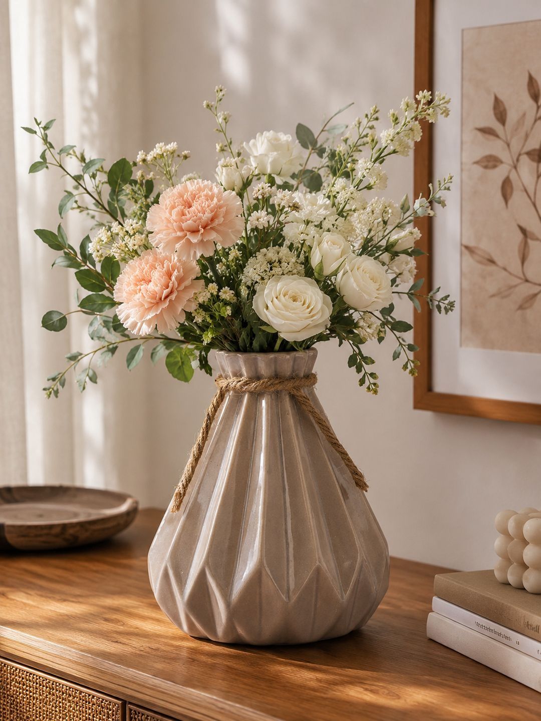 TAYHAA Brown Origami Ribbed Ceramic Vase With Jute Rope Tie Decor-picture-40