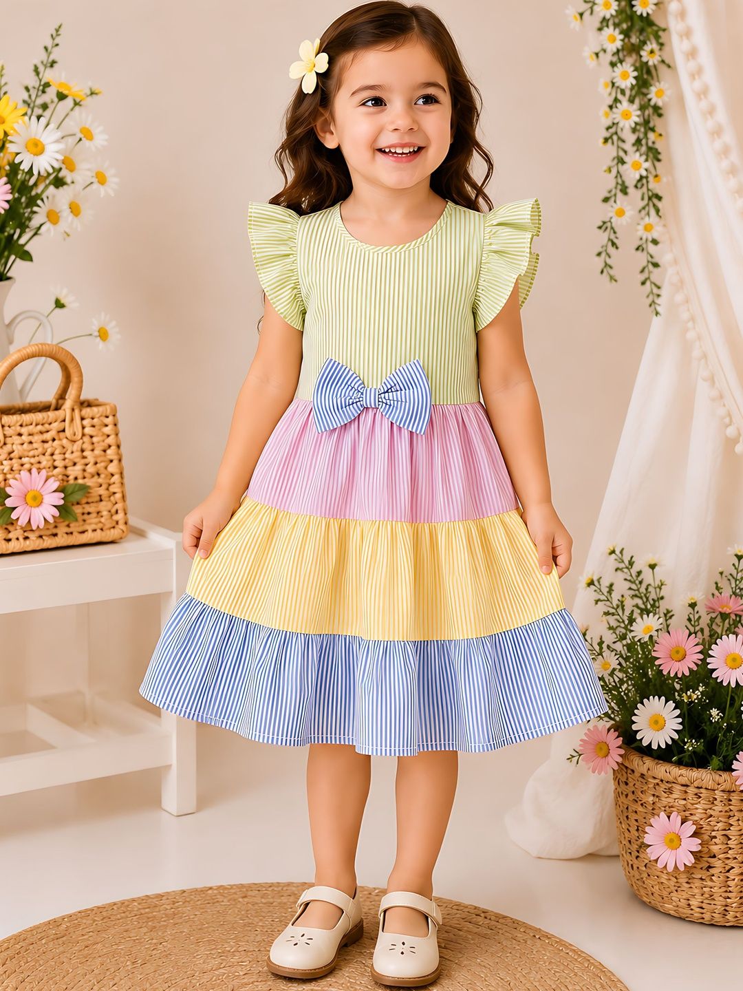 Arshia Fashions Striped Flutter Sleeve Ruffled A-Line Dress-picture-41