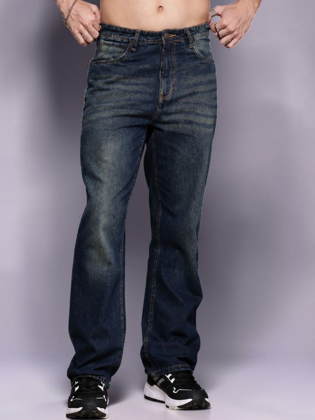 Mast & Harbour Men Jean Straight Fit Mid-Rise Low Distress Light Fade Stretchable Jeans