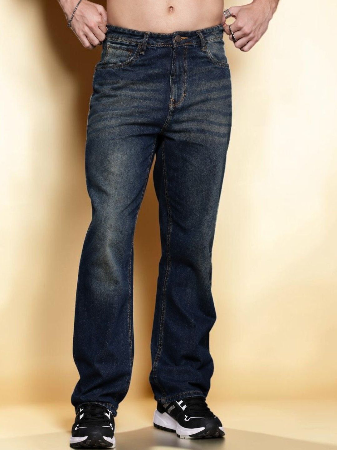 Mast & Harbour Men Jean Straight Fit Mid-Rise Low Distress Light Fade Stretchable Jeans