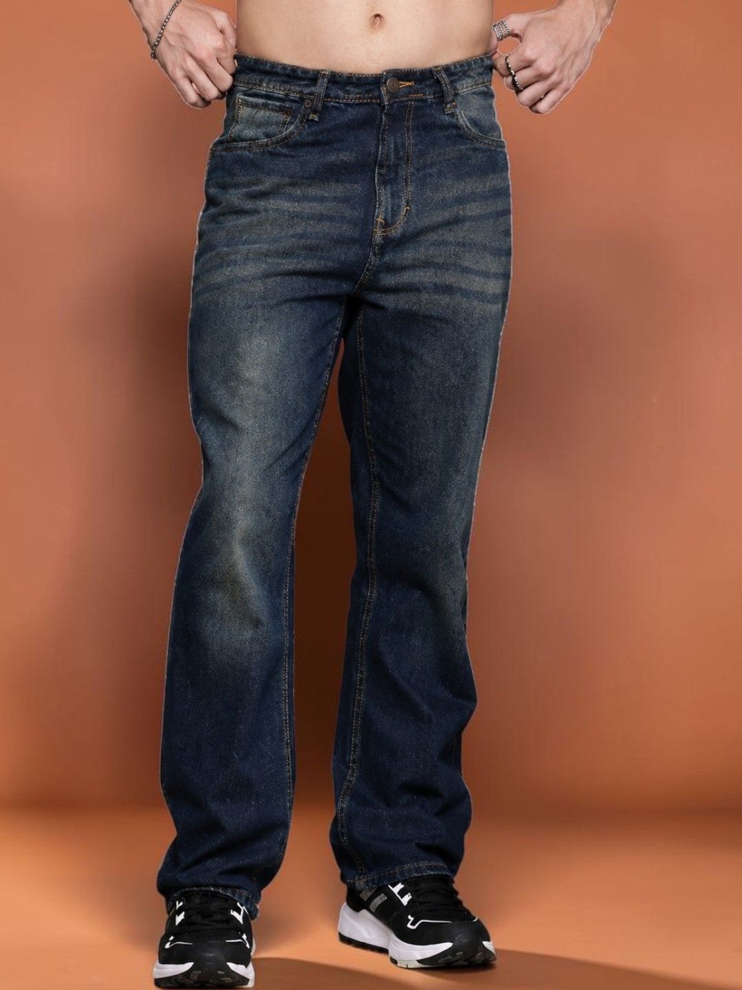 Mast & Harbour Men Jean Straight Fit Mid-Rise Low Distress Light Fade Stretchable Jeans-picture-27