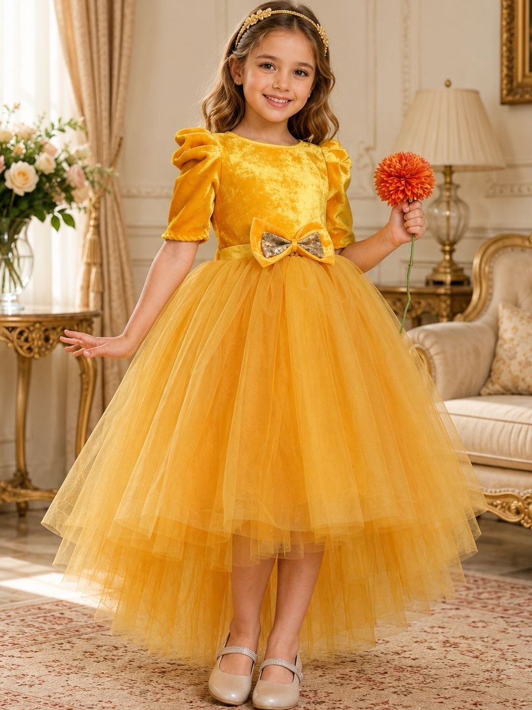 Dripteen Puff Sleeve Ruffled Net A-Line Midi Dress-image-23