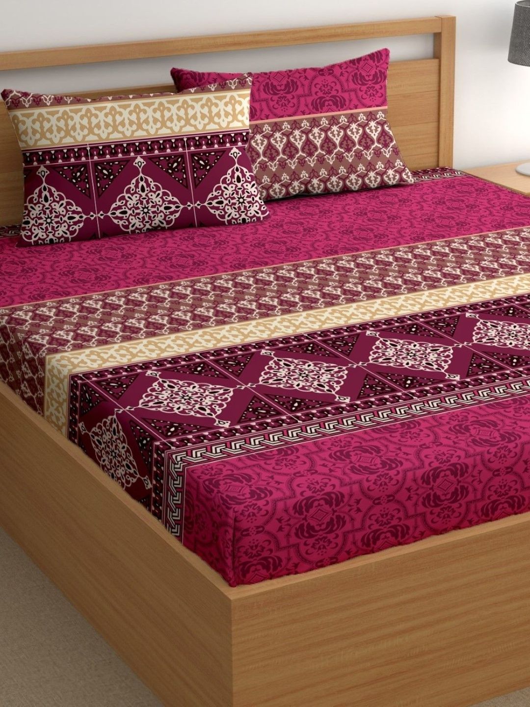 Aura Maroon & Gold-Toned 180 TC Bedsheet with 2 Pillow Covers-picture-36