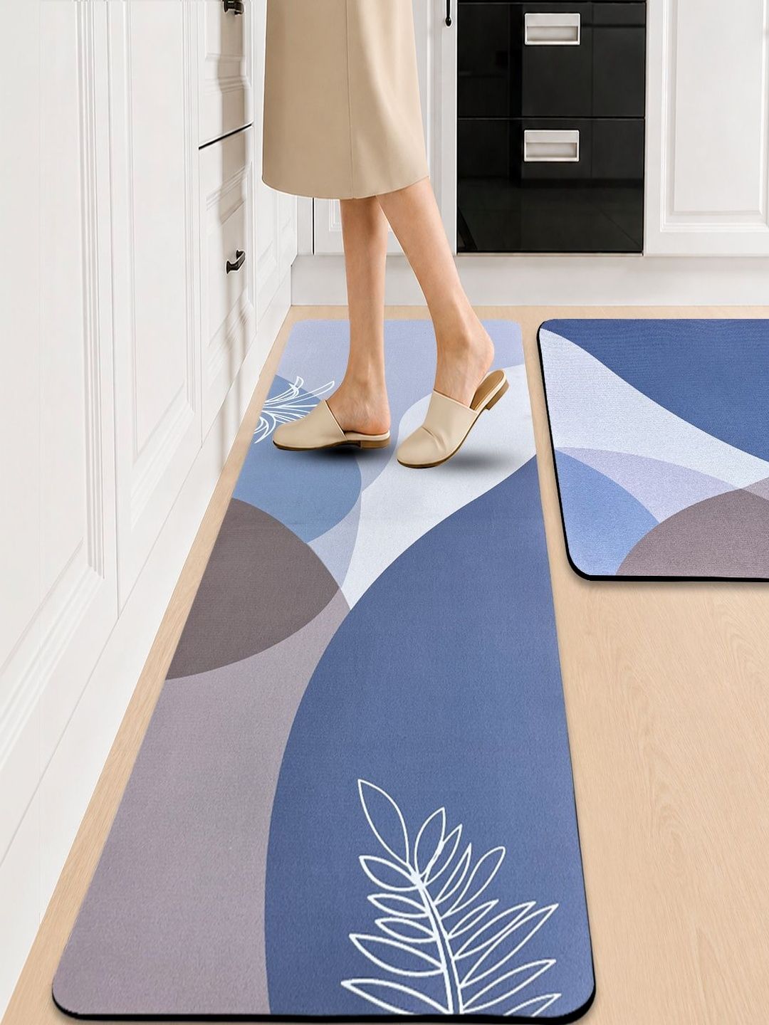 Sittella 2 Pcs Blue & White Printed Anti-Skid Kitchen Mats-image-8