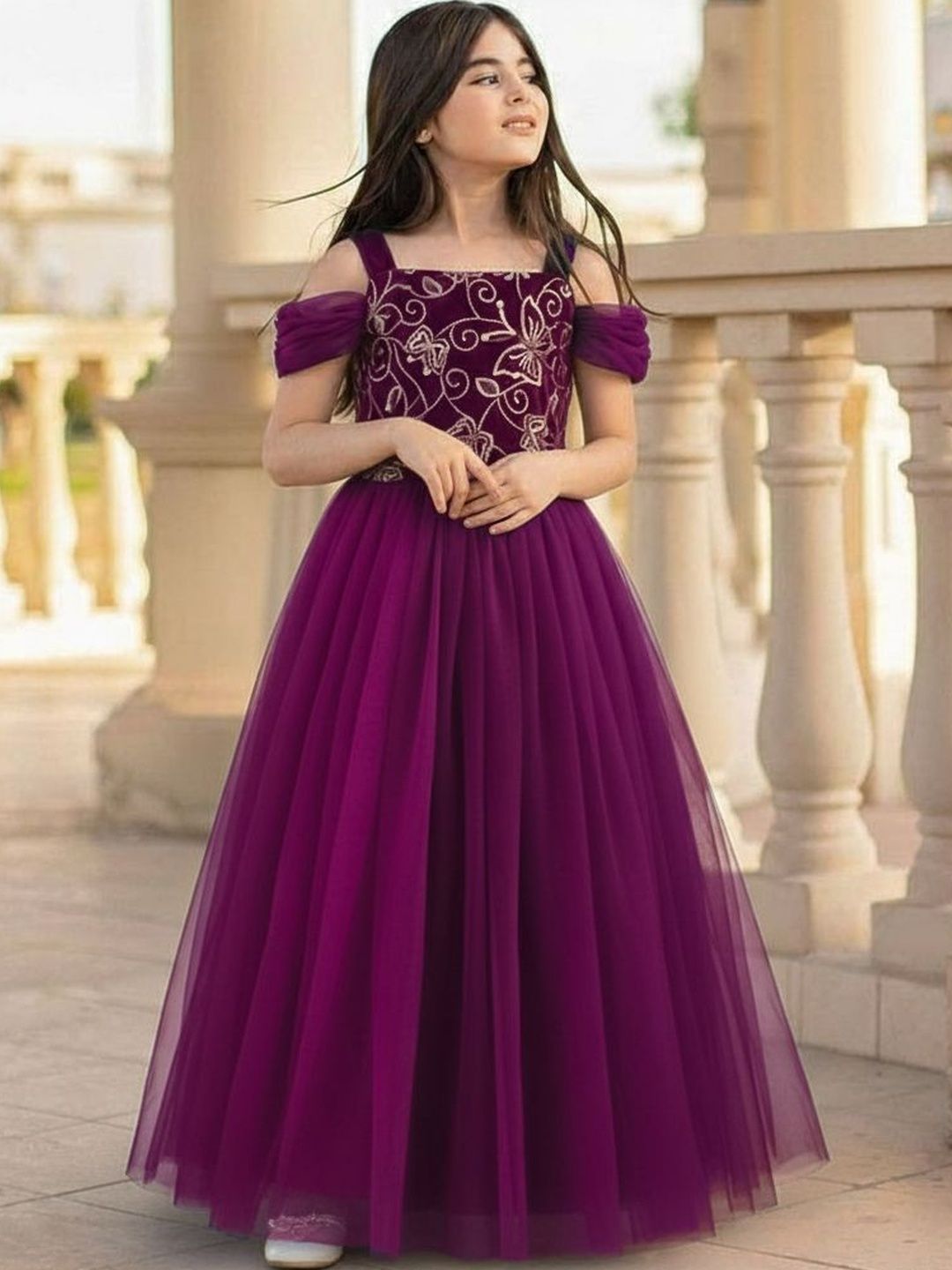 Vani Enterprise Floral Embroidered Cold-Shoulder Net Maxi Dress-picture-57
