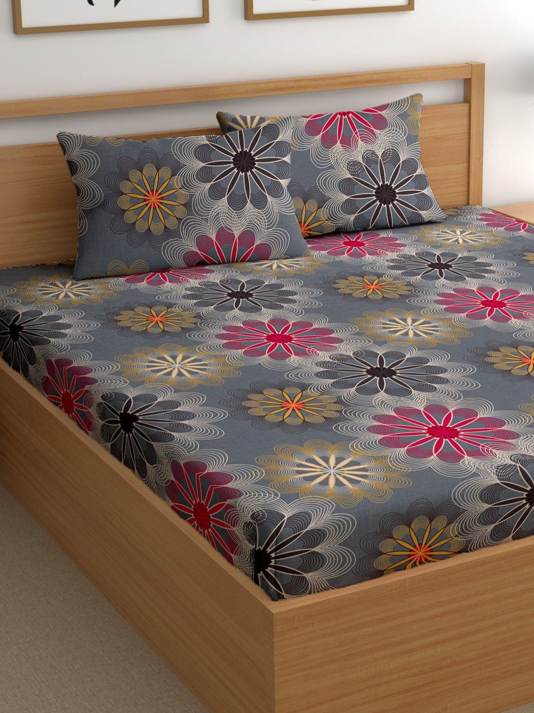 Aura Grey & Pink Floral 180 TC Bedsheet with 2 Pillow Covers-picture-29