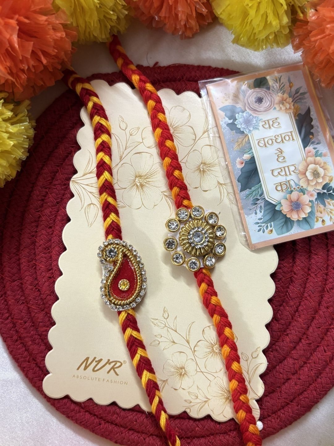 SZN Set Of 2 Gold & Red Thread & Kundan Rakhi With Roli Chawal Chandan Mishri-image-31