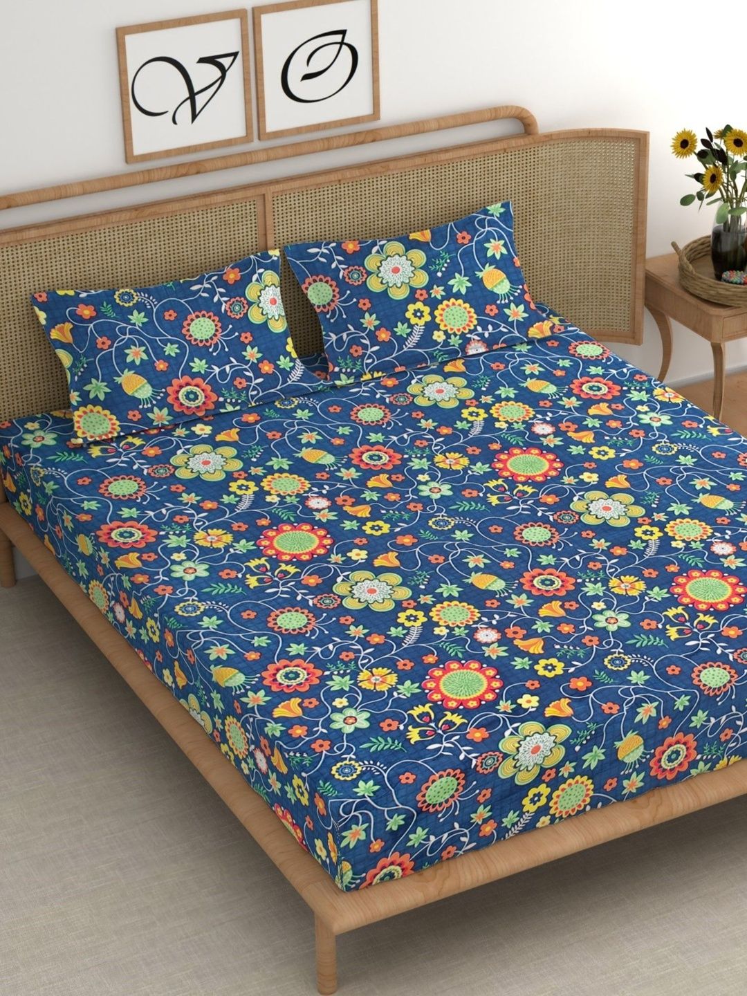Aura Blue & Yellow Floral 180 TC Bedsheet with 2 Pillow Covers-image-39