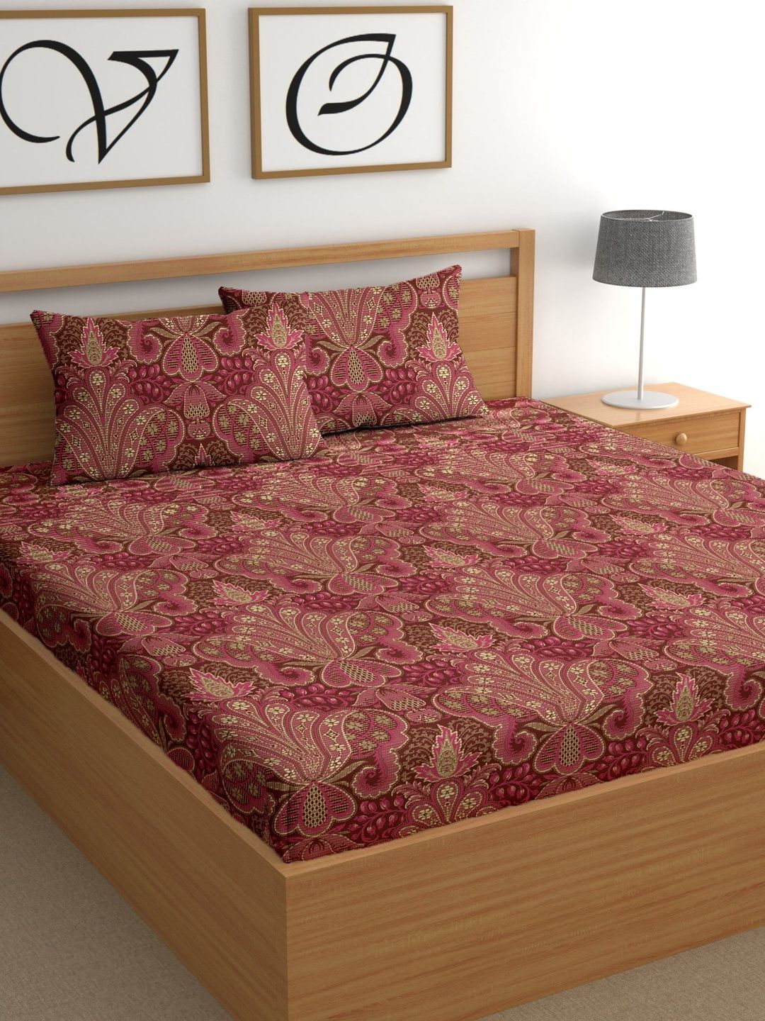 Aura Maroon & Gold-Toned 180 TC Bedsheet with 2 Pillow Covers-picture-35
