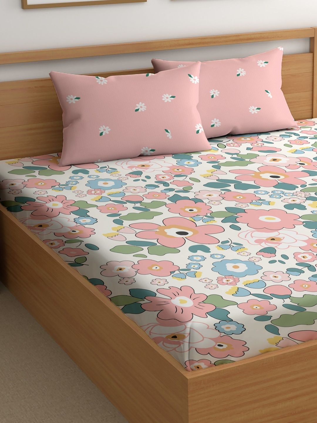 Aura Pink & White Floral 180 TC Bedsheet with 2 Pillow Covers-picture-47