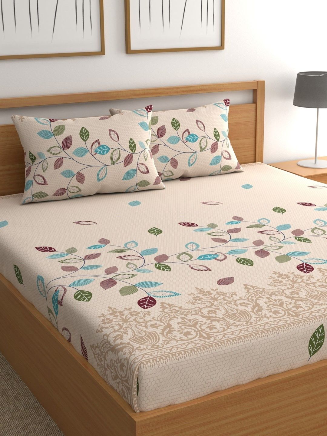 Aura Beige Floral 180 TC Bedsheet with 2 Pillow Covers-image-42