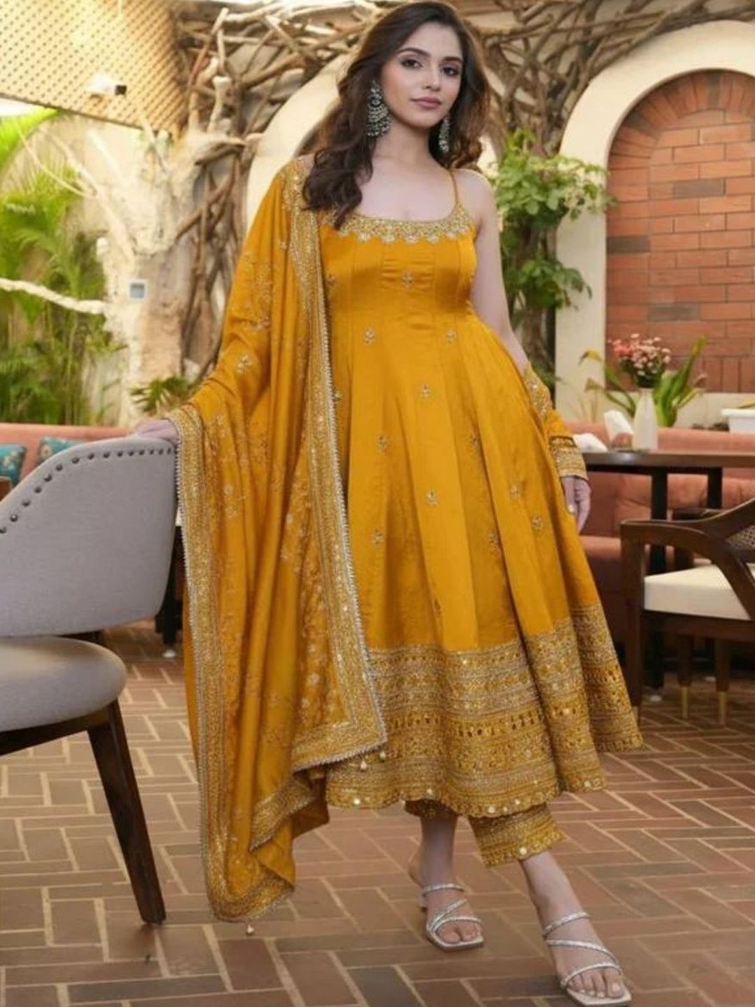 SPIRISA Women Ethnic Motifs Embroidered Empire Mirror Work Silk Georgette Kurta with Trousers & With Dupatta-picture-49