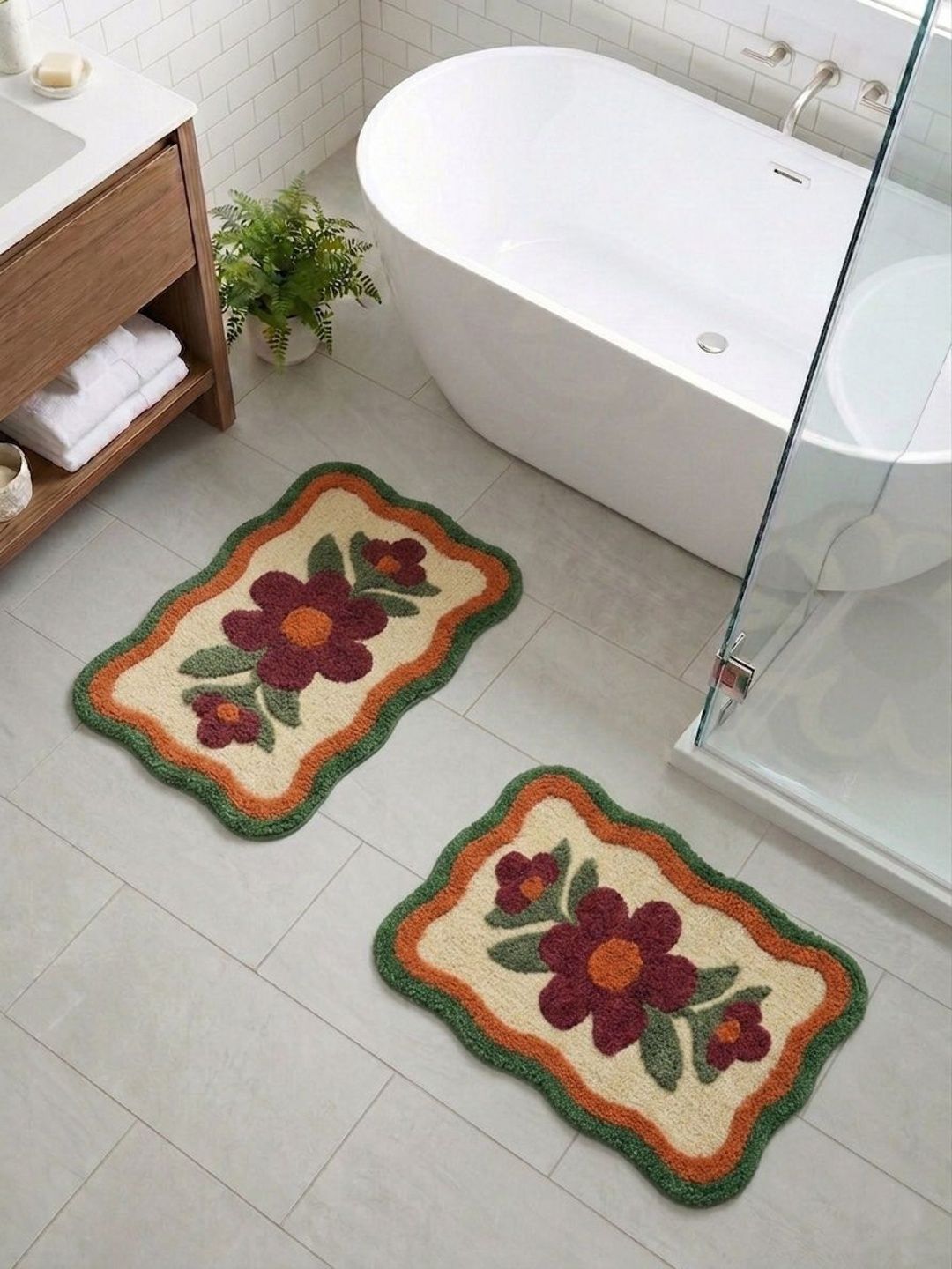 Saral Home 2-Pcs Green Self Designed Bath Rug With Anti-Skid Backing & Water Absorbing-image-22