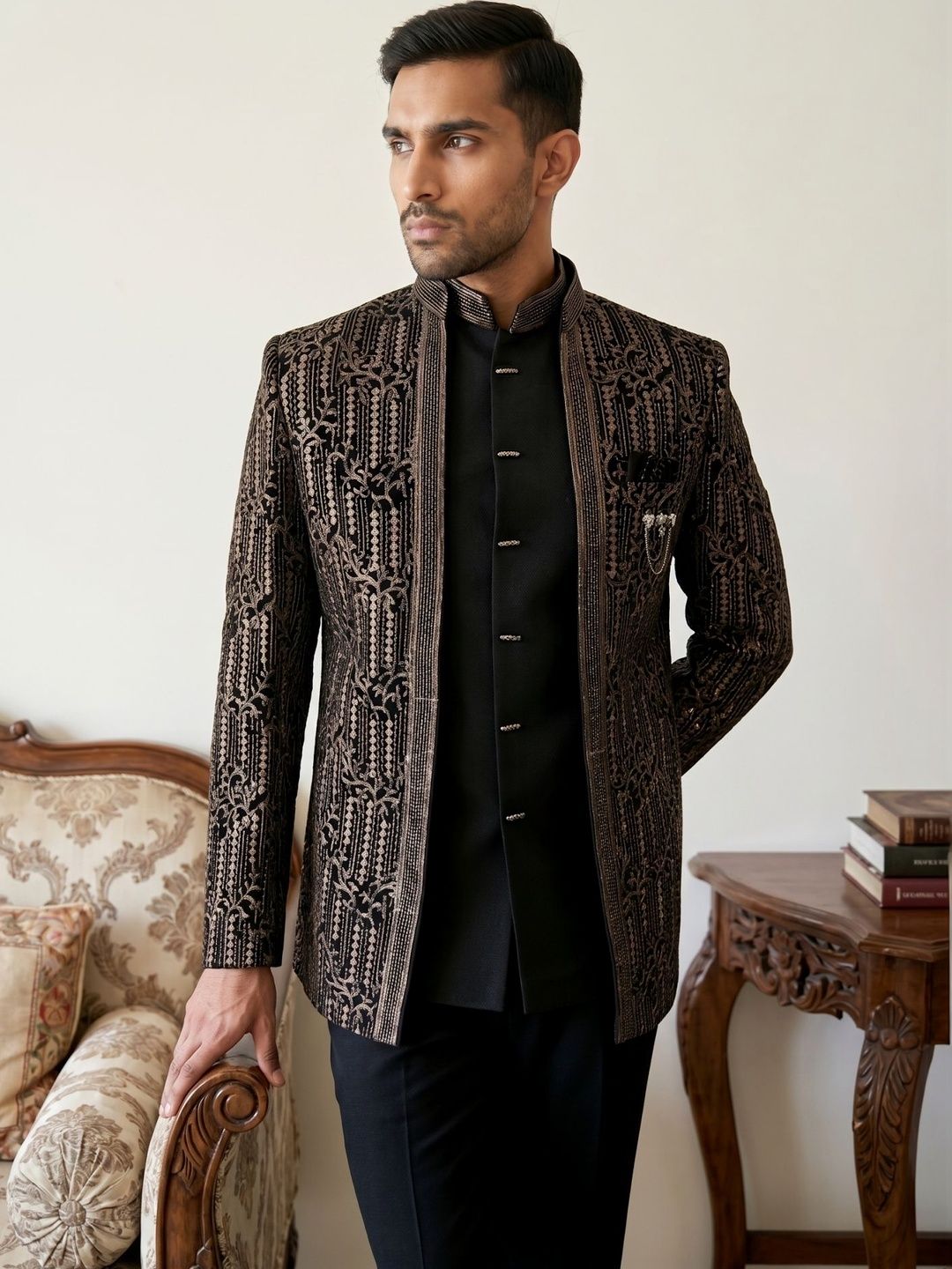 Jompers Embroidered Mandarin Collar Sherwani Set-picture-25