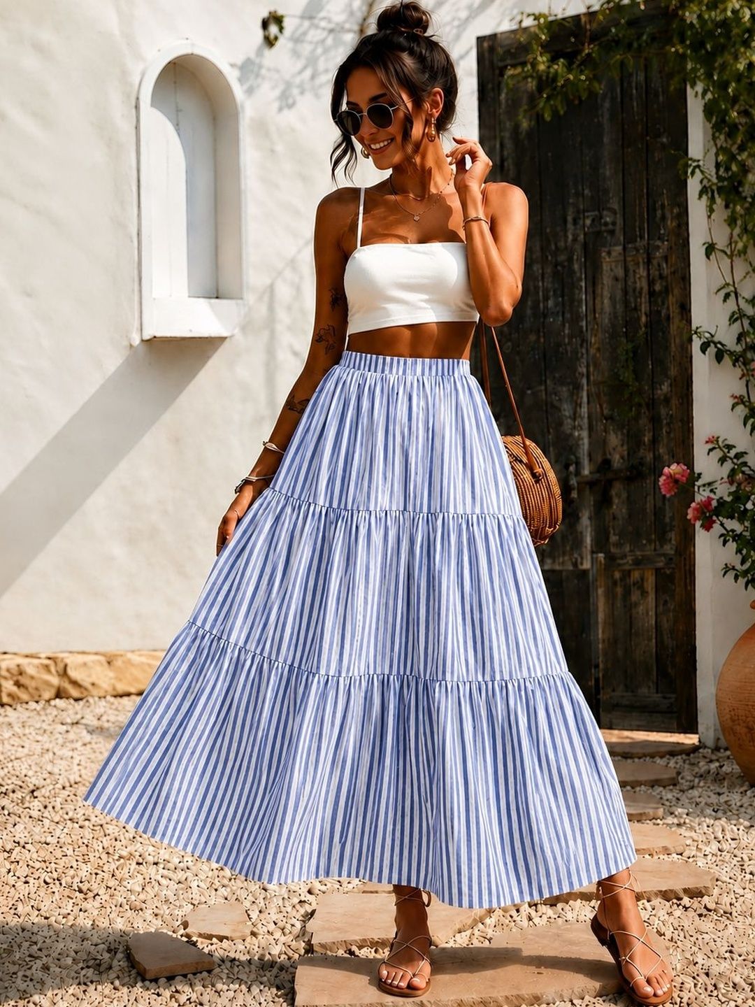 PTVIZE Women Crepe Striped Nautical Midi Tiered Skirt-picture-32