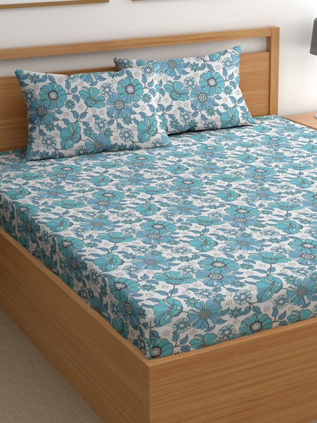 Aura Blue & White Floral 180 TC Bedsheet with 2 Pillow Covers-image-35