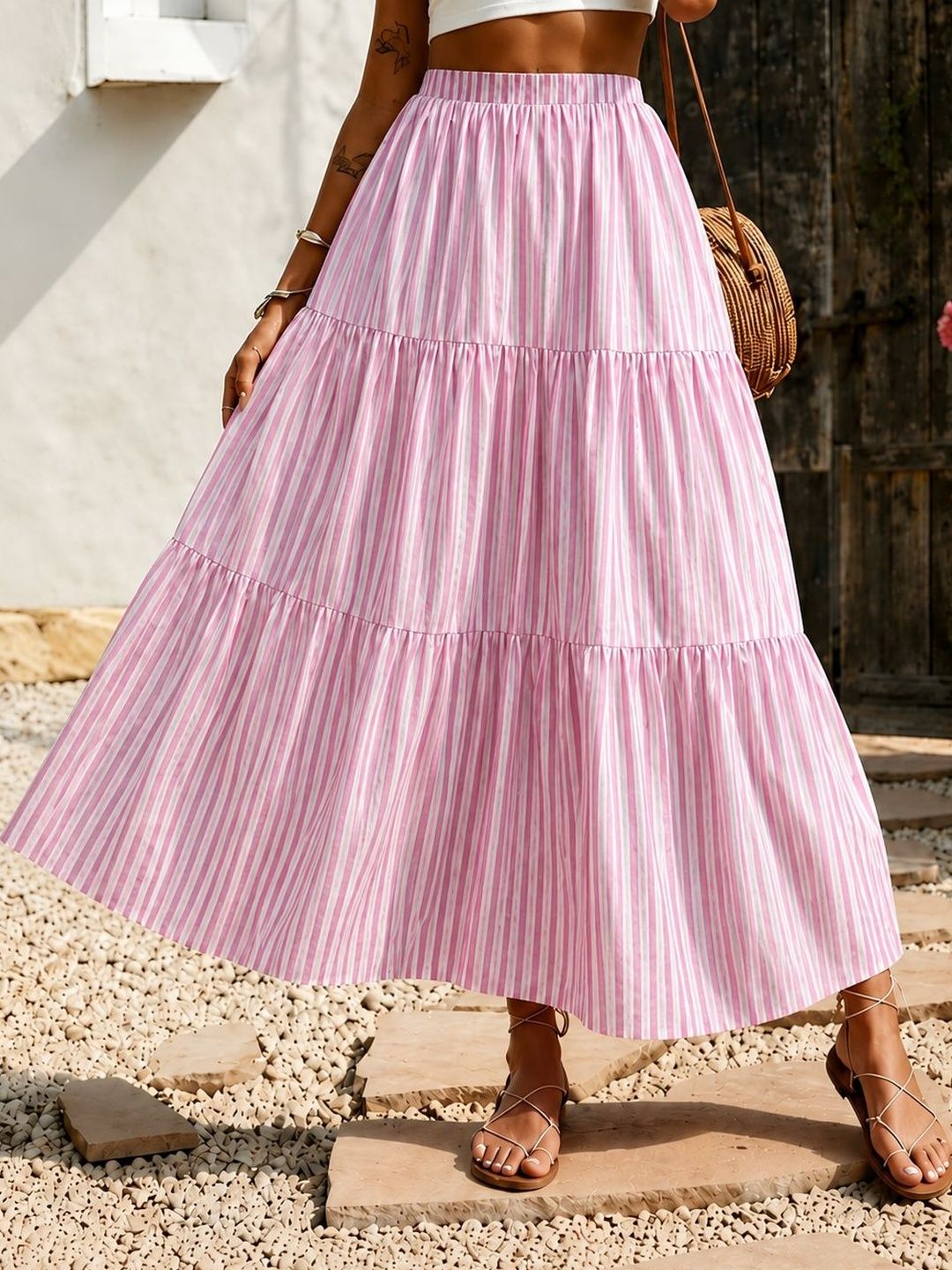 PTVIZE Women Crepe Striped Tiered Maxi A-Line Skirt-image-45