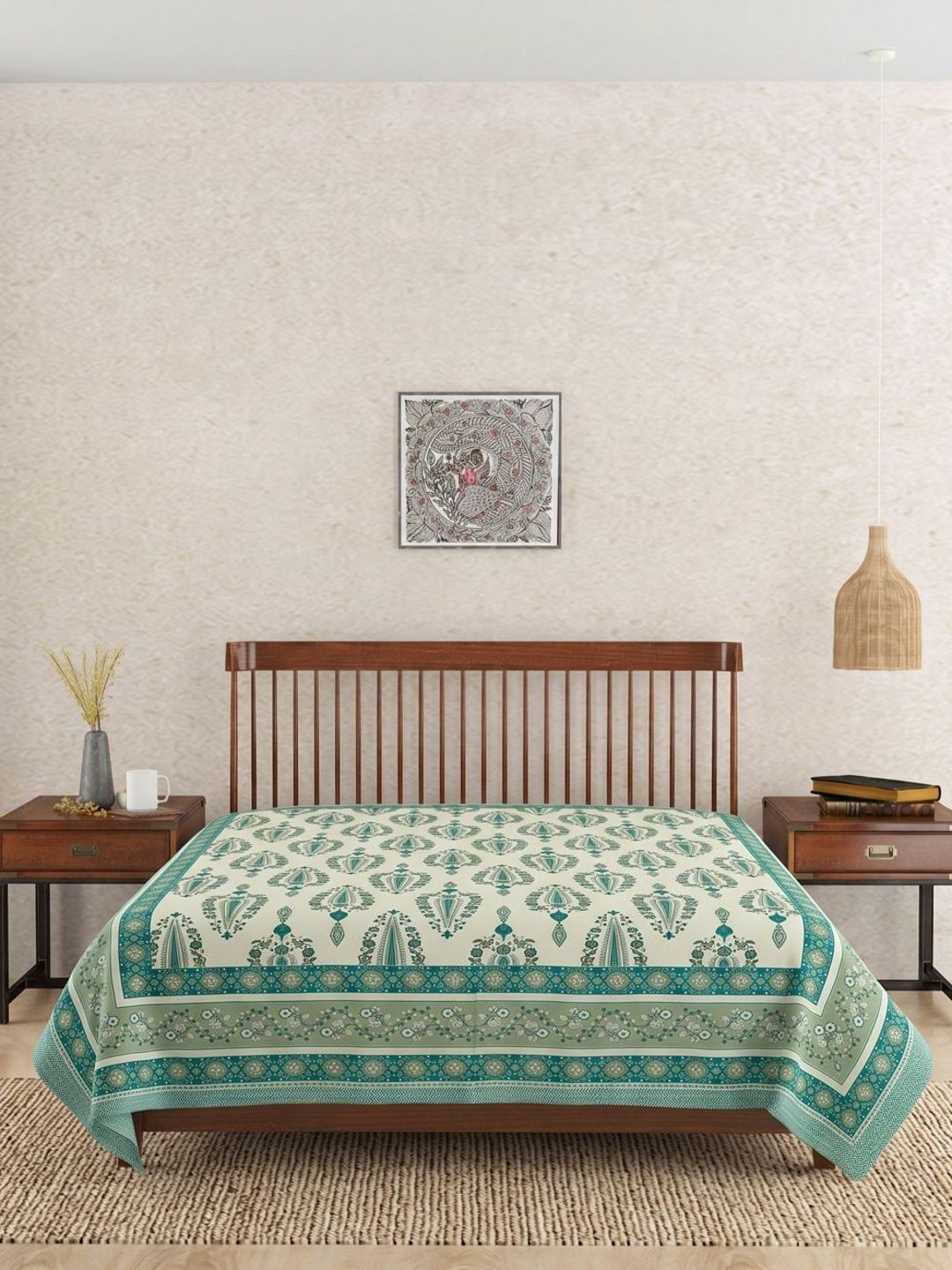 Fabindia Teal Floral Cotton Double Bed - King Bed Covers-image-37