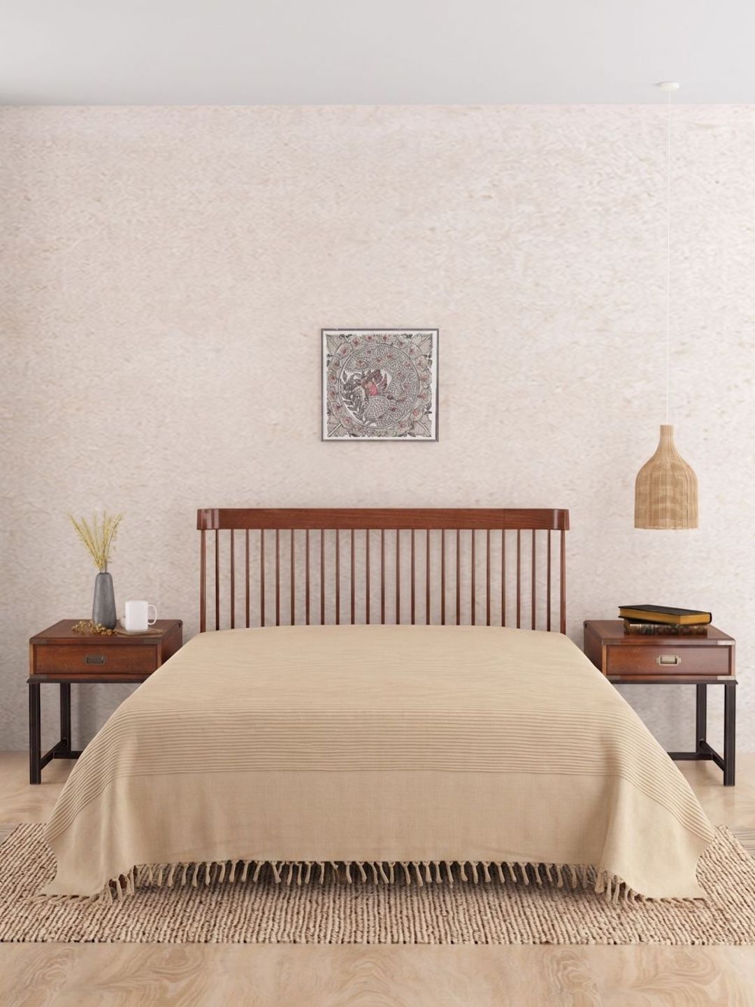 Fabindia Beige Striped Cotton Double Bed - King Bed Covers-image-26