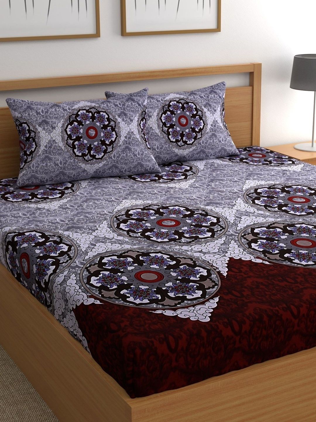 Aura Grey & Black Floral 180 TC Bedsheet with 2 Pillow Covers-picture-31