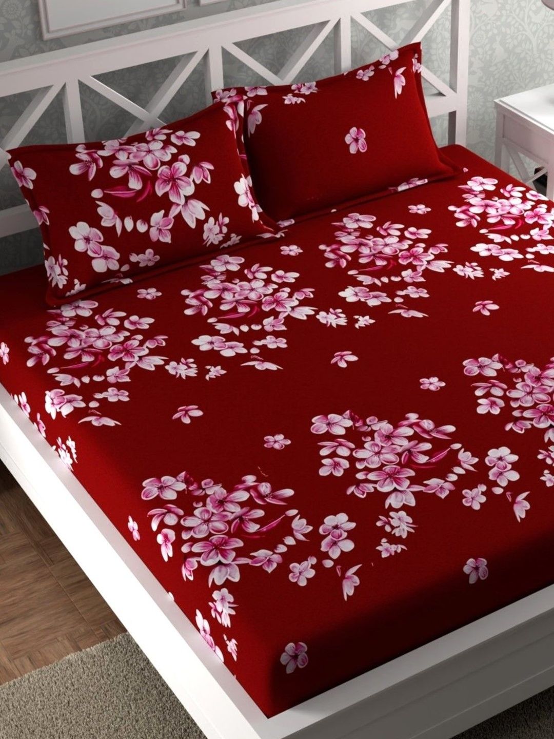 Aura Red & Pink Floral 180 TC Bedsheet with 2 Pillow Covers-image-33