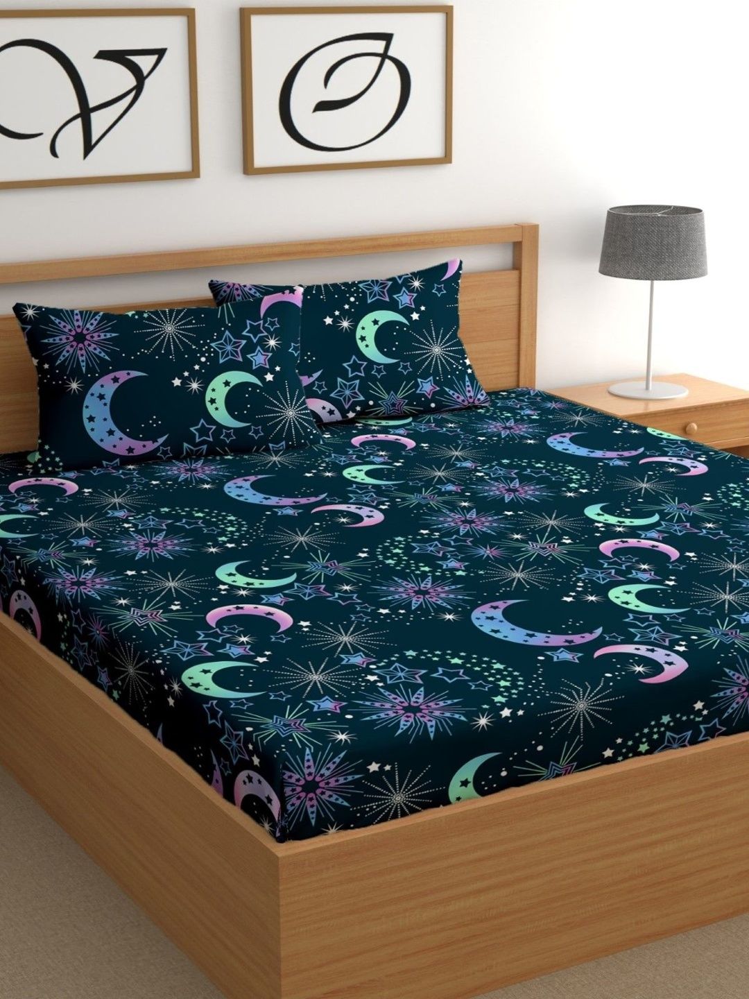Aura Blue Graphic 180 TC Bedsheet with 2 Pillow Covers-image-47