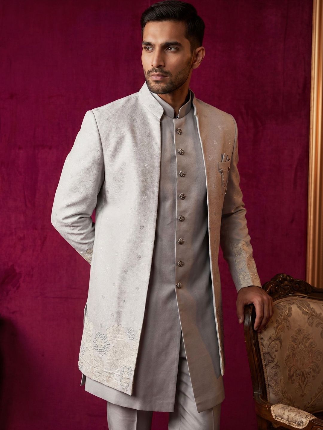 Jompers Floral Design Mandarin Collar Sherwani Set-picture-22