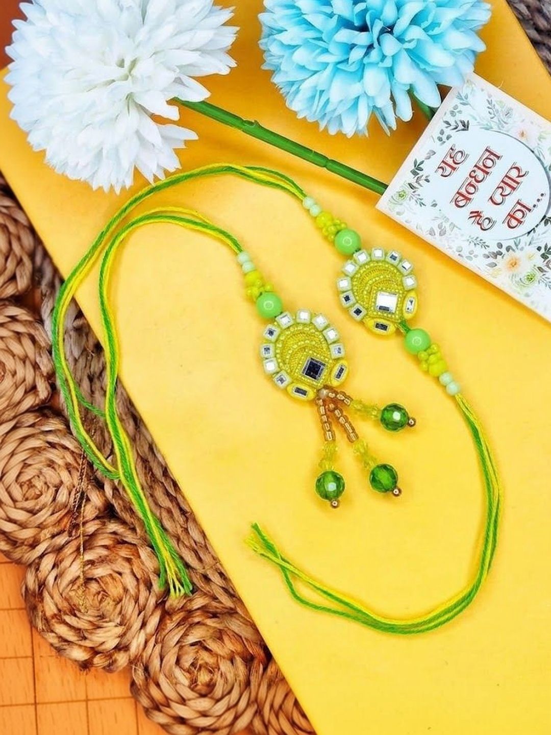 SZN Set Of 2 Artificial Beads Mirror Work Bhaiya Bhabhi Rakhi With Roli Chawal Chandan-picture-12