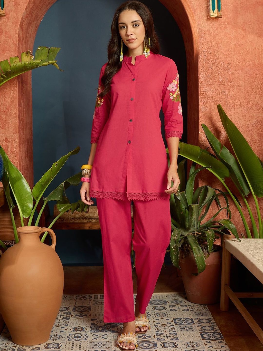 KALINI Women Floral Embroidered Regular Thread Work Pure Cotton Kurta with Trousers-picture-39