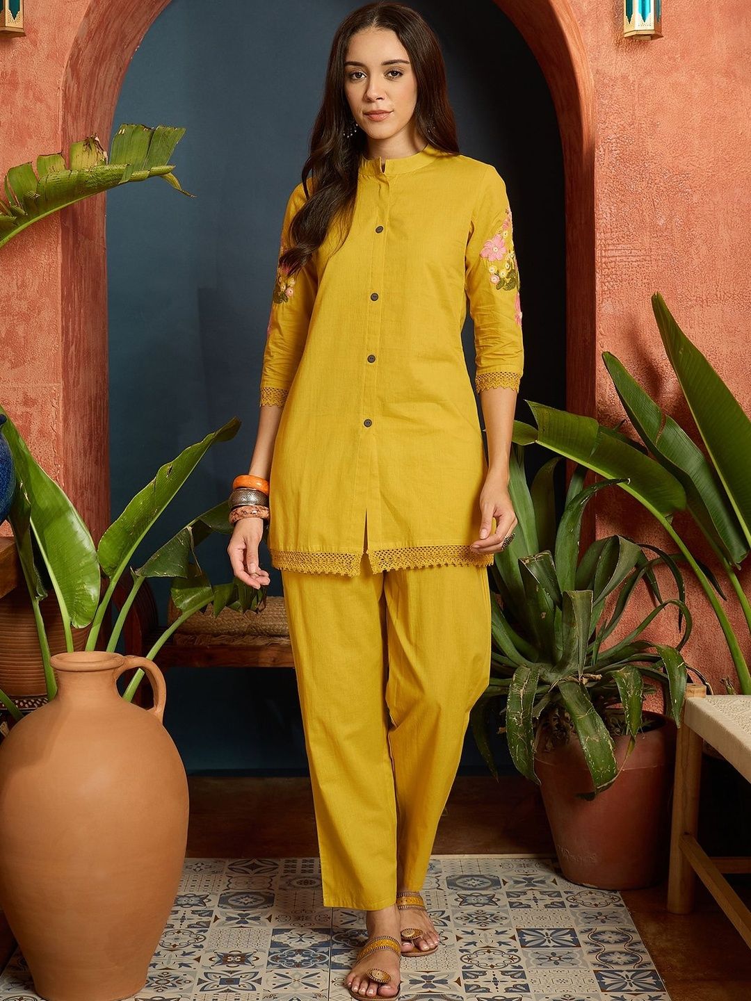 KALINI Women Floral Embroidered Regular Thread Work Pure Cotton Kurta with Trousers-picture-34