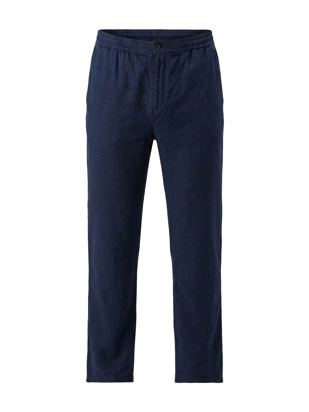 Men Dark Blue Relaxed Linen Blend Trousers-image-2