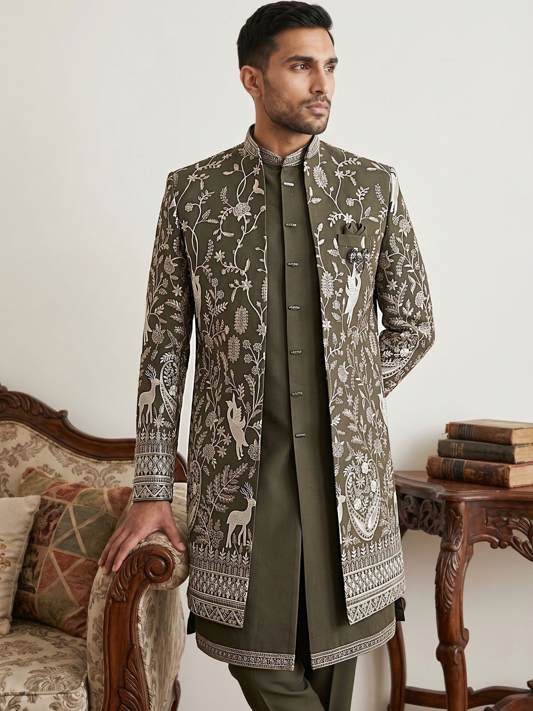 Jompers Embroidered Mandarin Collar Sherwani Set-picture-13