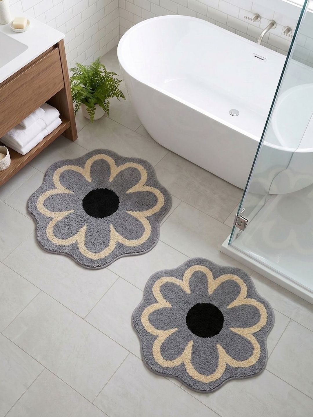 Saral Home 2-Pcs Grey Self Designed Bath Rug With Anti-Skid Backing & Water Absorbing-image-34