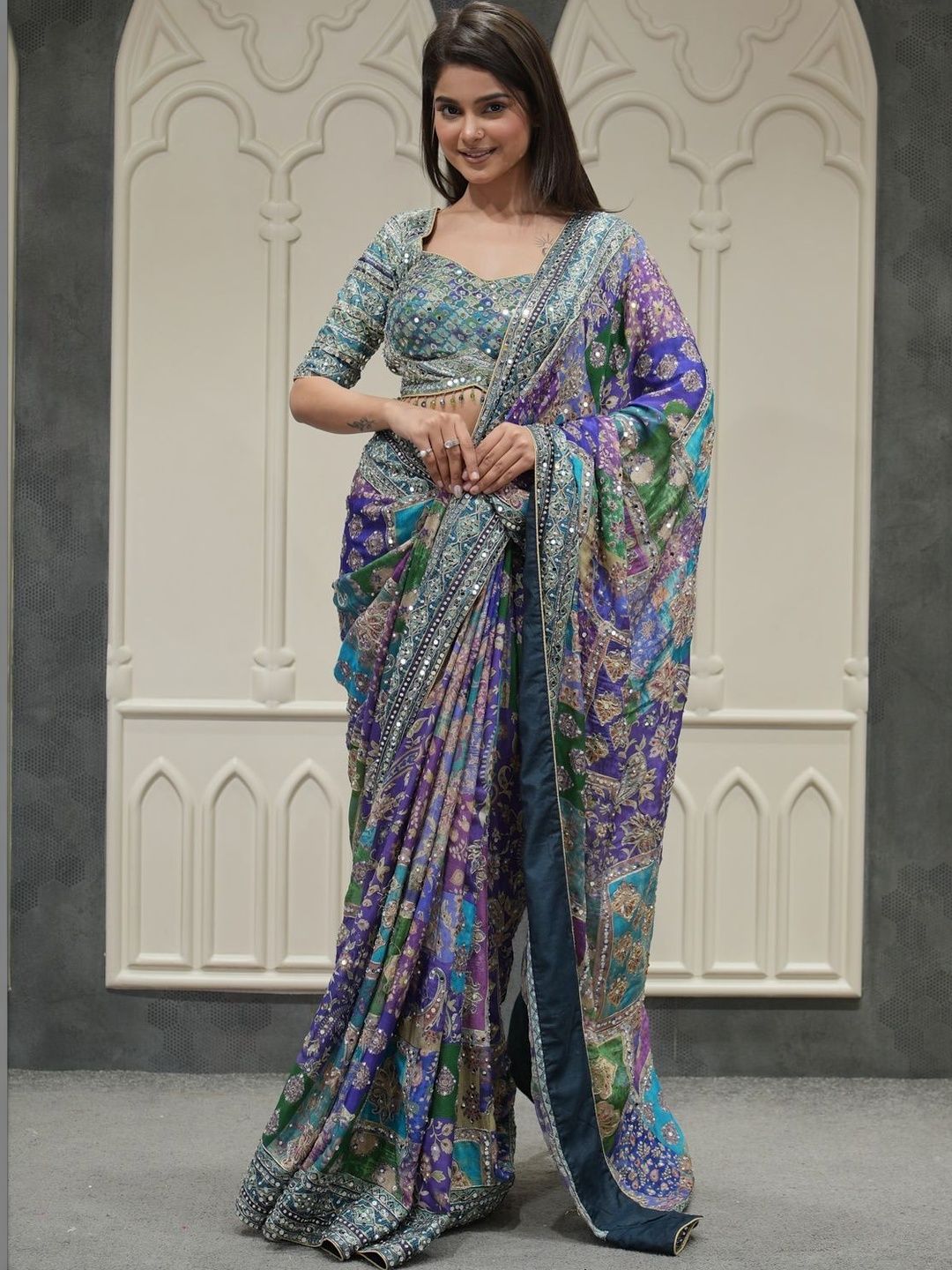 OFLINE SELECTION Mirror Work Silk Blend Saree-image-12